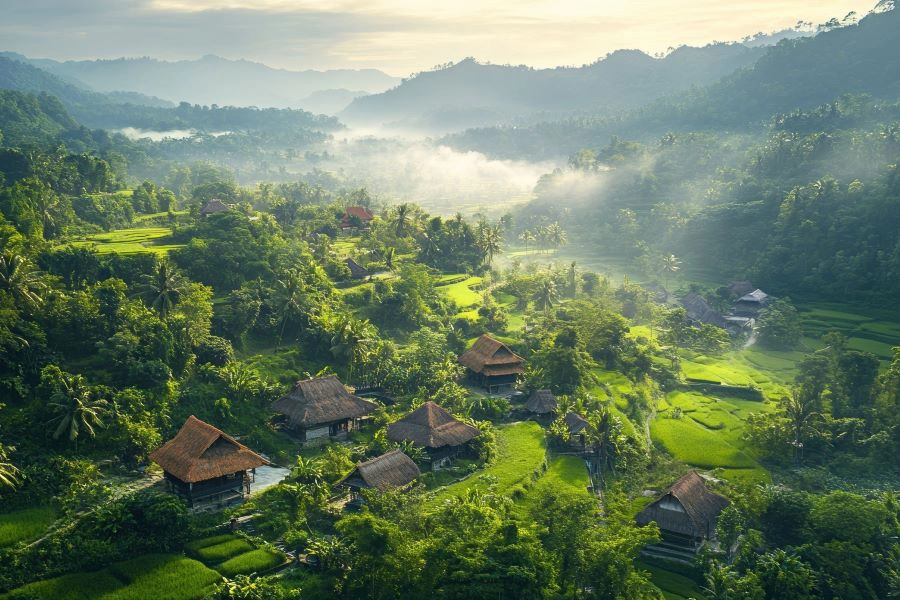 Aerial view of a traditional Asian village nestled among lush, rolling hills